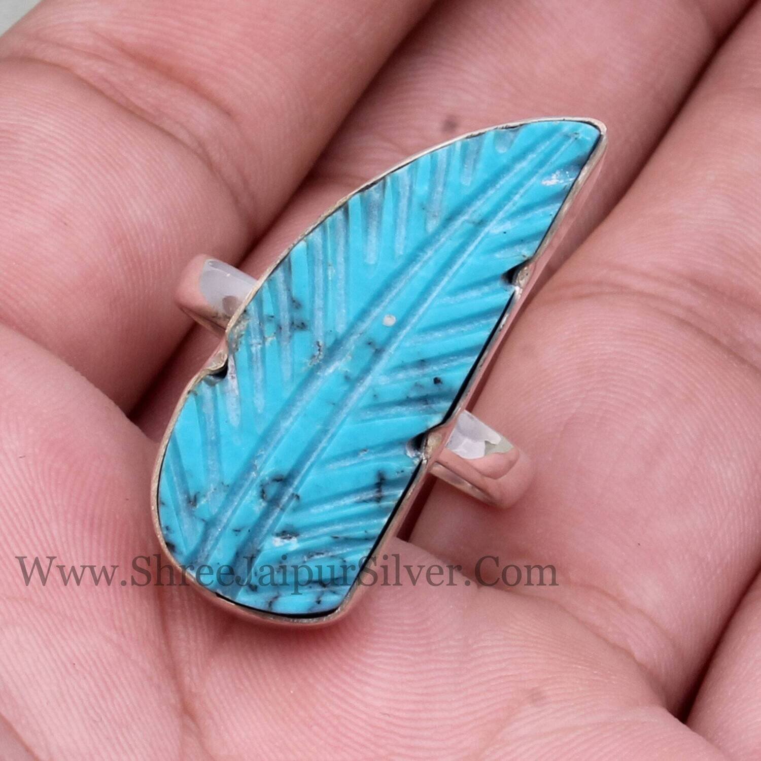 Turquoise Engraved Feather Gemstone Solid 925 Sterling Silver Ring For Women, Handmade Leaf Stone Ring For Wedding Anniversary Gifts For Her