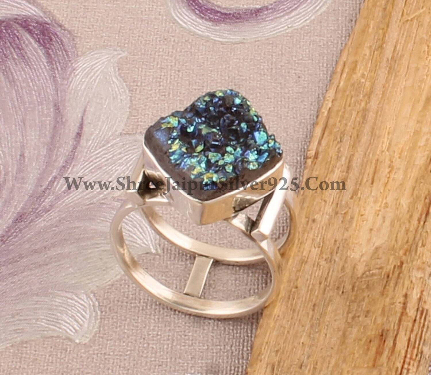 925 Sterling Silver Titanium Druzy Cushion Shape Rings, Designer Handmade Silver Double Band Rings, Women Jewelry, Valentine's Day Gift Idea