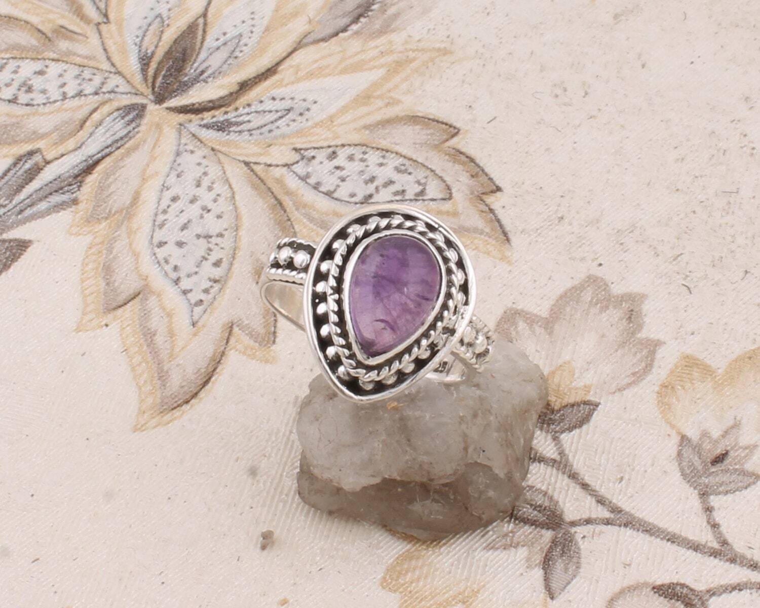 Amethyst AAA+Quality Gemstone Ring Cabochon Pear Stone Boho Ring 925-Adjustable Silver Ring,Ring Finger Ring ETSY CYBER-2022 birthBirthstone