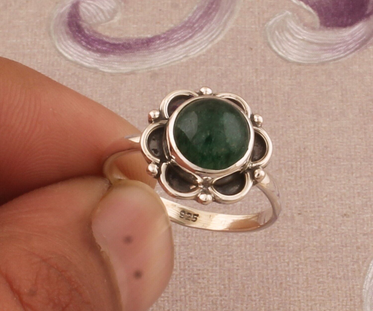 925 Sterling Silver Green Jade Round Gemstone Ring, Designer Handmade Flower Silver Ring, Valentines Day Jewelry Gift Idea, Etsy Cyber 2021