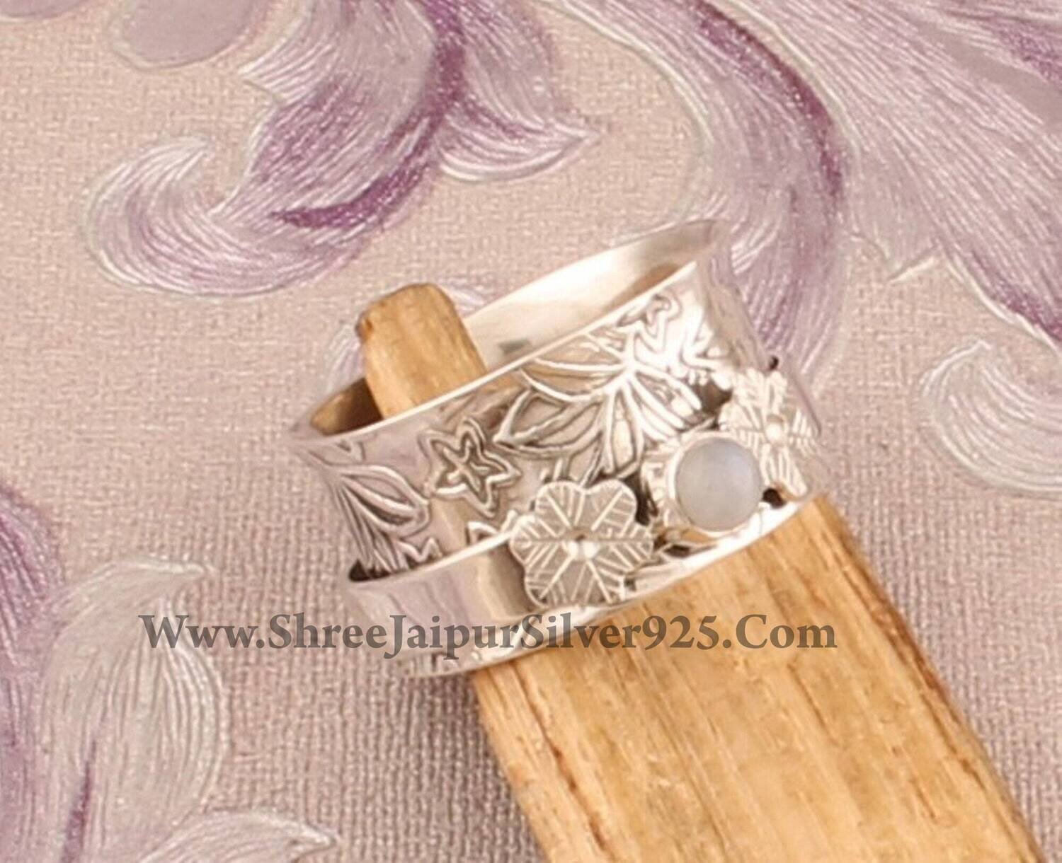 925 Sterling Silver Rainbow Moonstone Flower Spinner Rings, Handmade Designer Carved Silver Band Meditation Rings, Valentine's Day Jewelry