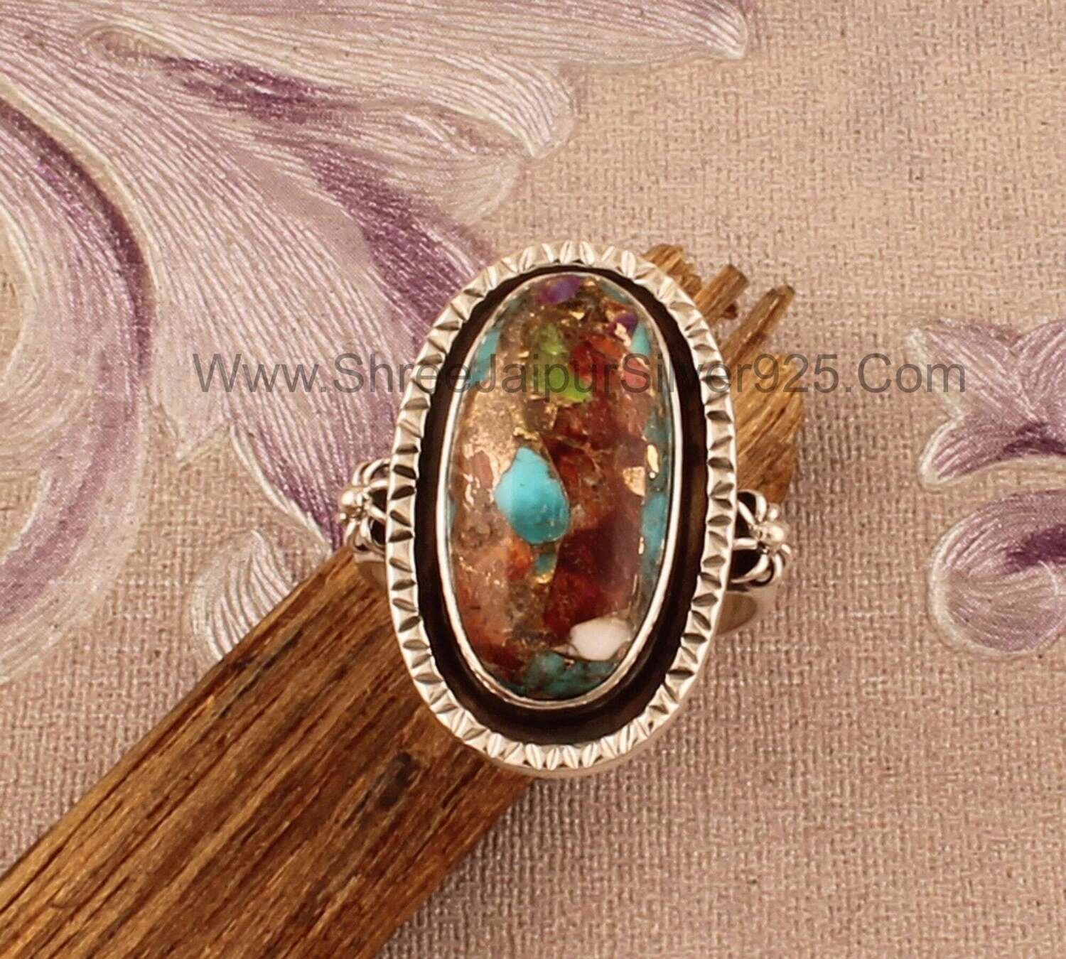 Mix Copper Turquoise Solid 925 Sterling Silver Gemstone Ring For Women, Handmade Oxidized Oval Stone Ring For Wedding Anniversary Gift Idea