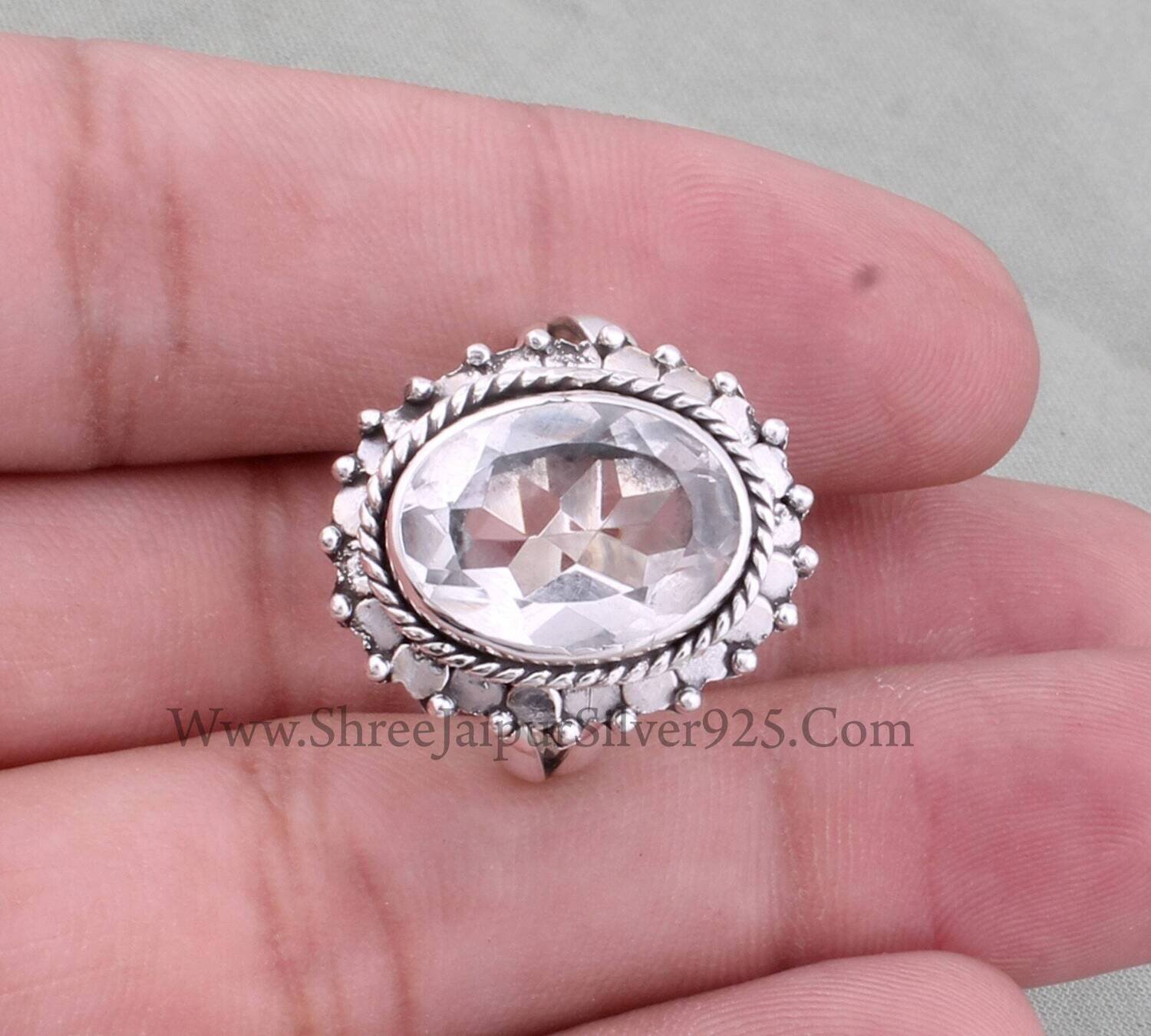 Natural Crystal Quartz Solid 925 Sterling Silver Ring For Women, Handmade Oval Cut Gemstone Silver Flower Ring Gifts For Her Anniversary