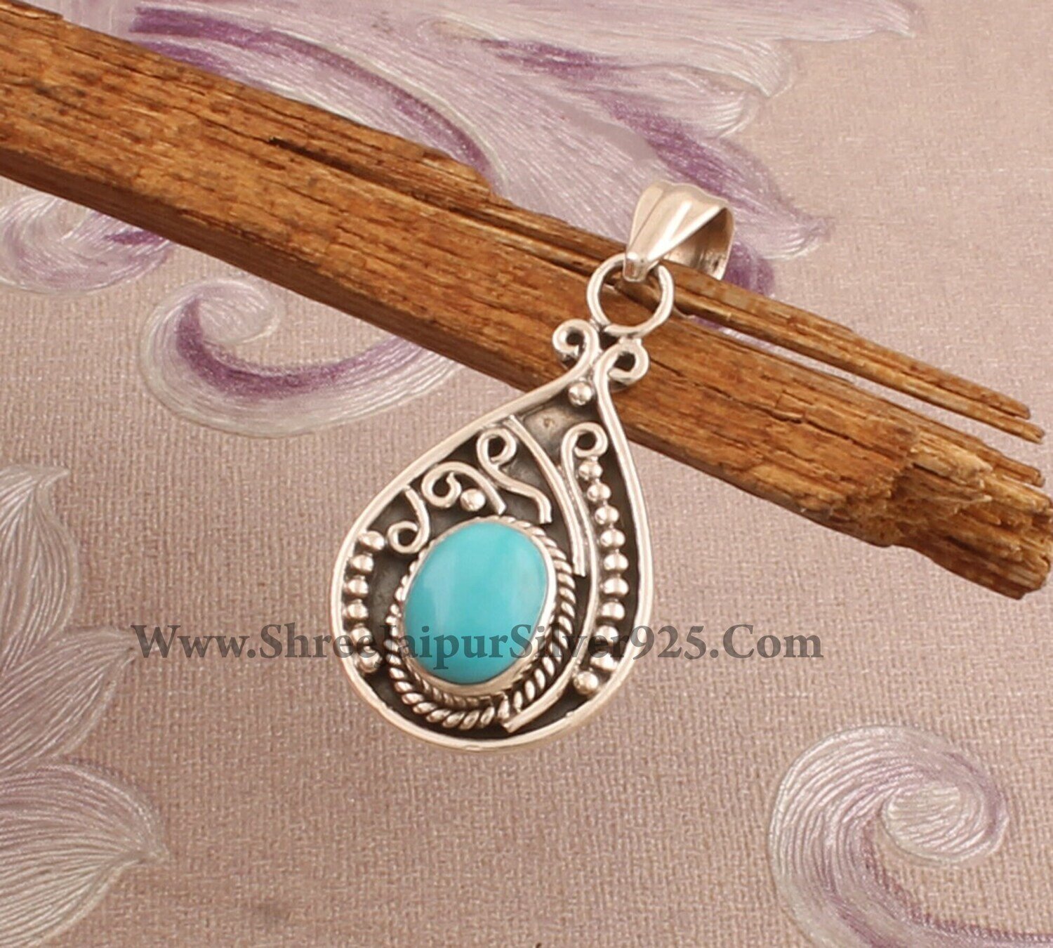 Turquoise Solid 925 Sterling Silver Necklace Pendant, Turquoise Engraved Silver Pendant, Handmade Turquoise Pendant For Women, Gift For Her