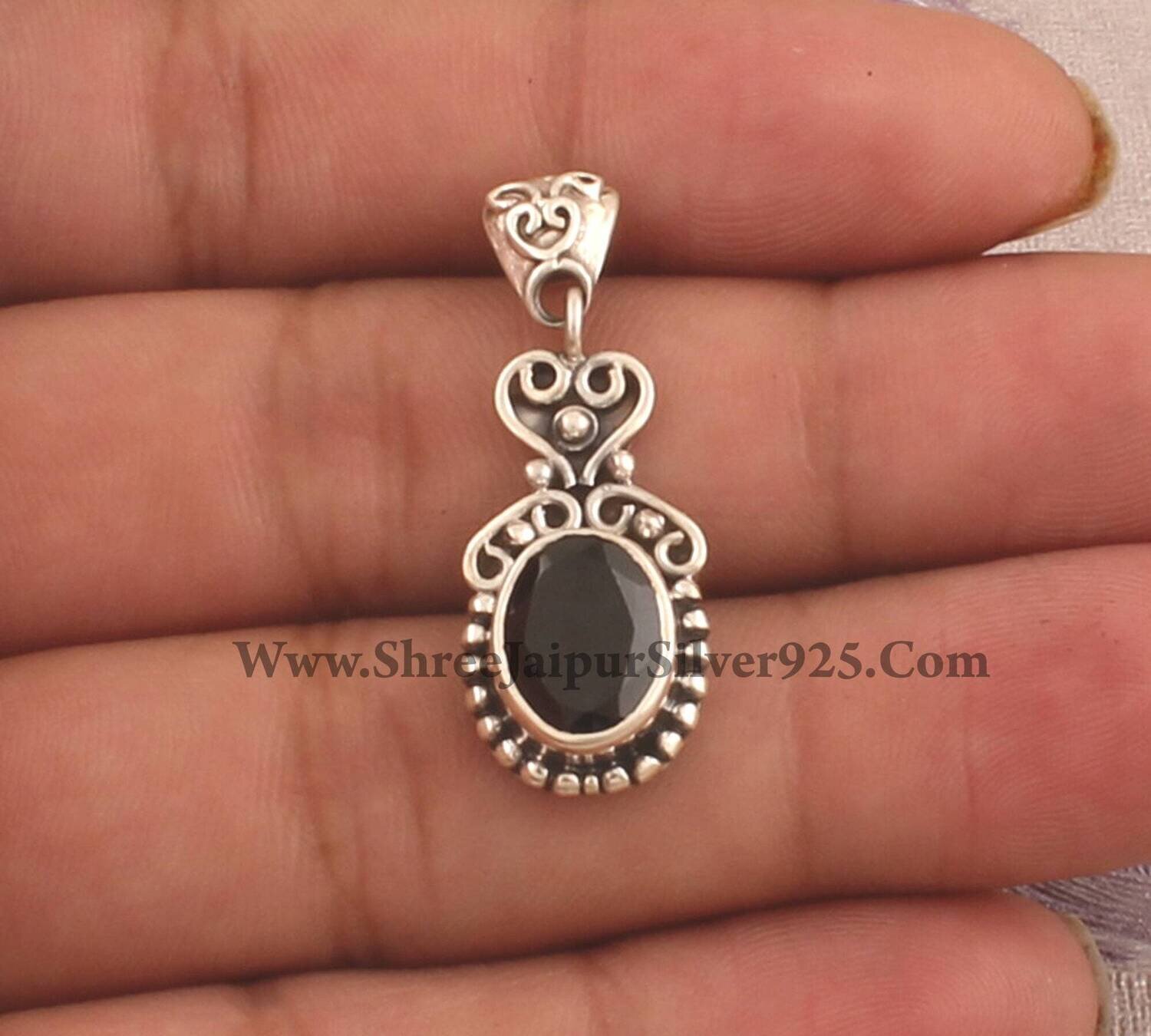 Natural Black Onyx 925 Sterling Silver Necklace Pendant For Women, Faceted Onyx Oval Wedding Pendant, Solid Silver Engraved Pendant For Gift