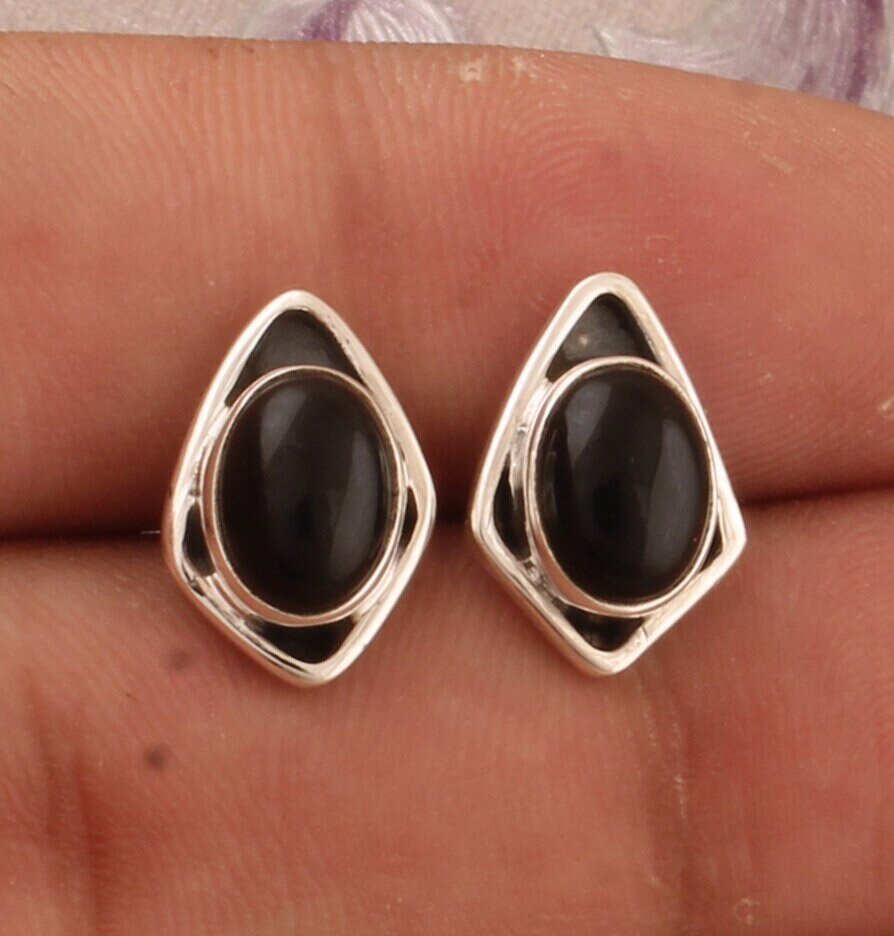 925 Sterling Silver Black Onyx Gemstone Stud Earrings, Designer Silver Earrings, December Birthstone Earrings, Handmade Earrings, Gift Idea