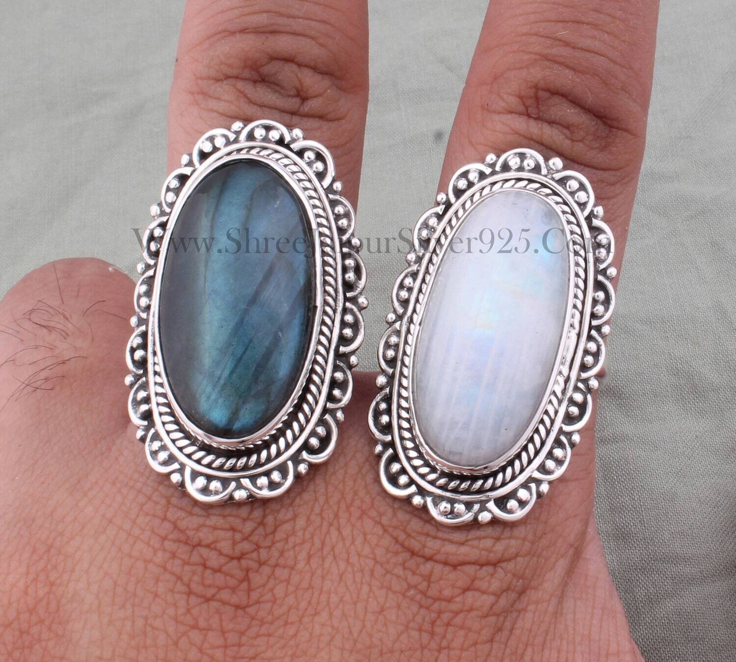 Big Size Natural Moonstone & Labradorite Solid 925 Sterling Silver Ring For Women, Handmade Oval Engraved Large Ring Gifts For Anniversary