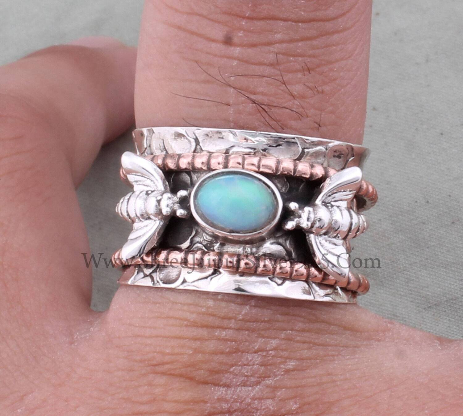 Two Tone Natural Ethiopian Opal 925 Sterling Silver Spinner Ring For Women, Handmade Honey Bee Band Fidget Anxiety Ring Gifts For Her Anniversary