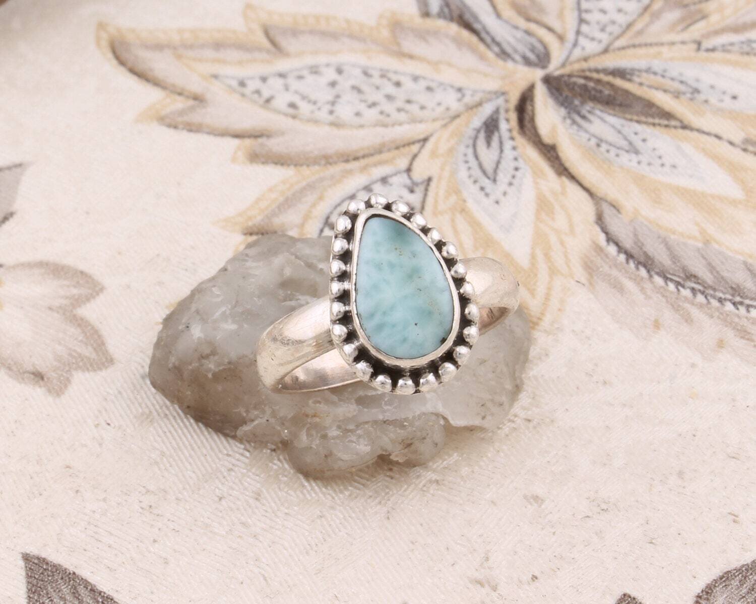Gift For You Solid 925-Sterling Solid Ring With Natural Larimar Gemstone Handcrafted Ring Cabochon Stone Boho Ring Girls Ring Finger Ring