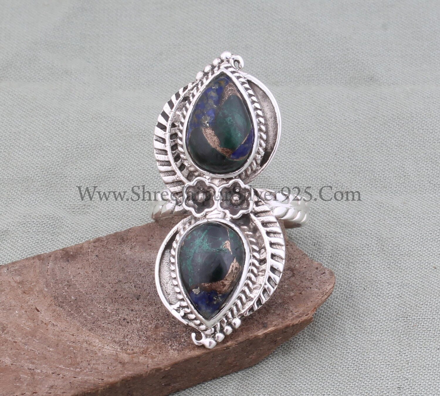 Lapis Lazuli &amp; Malachite Copper Solid 925 Sterling Silver Ring For Women, Handmade Engraved Feather Leaves Band Ring Gifts For Anniversary
