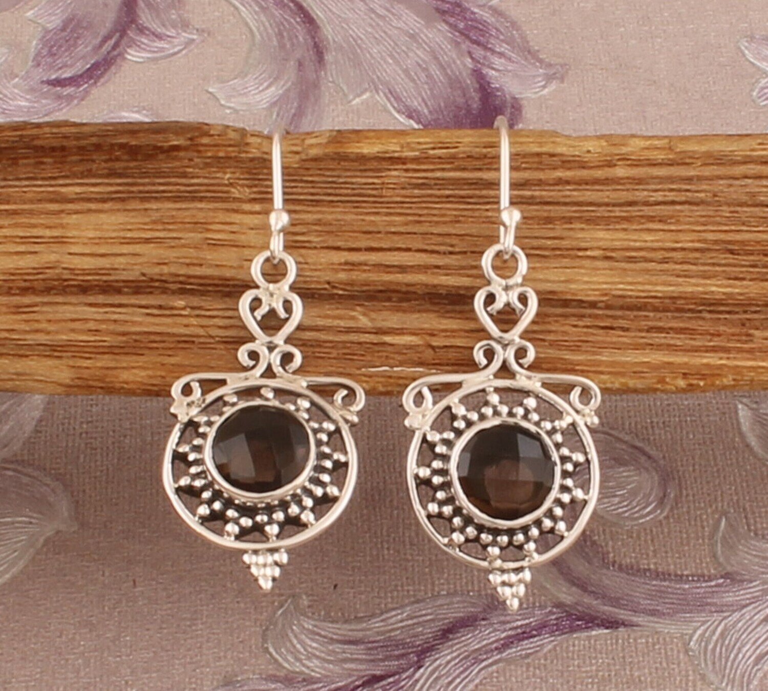 925 Sterling Silver Smoky Quartz Earrings, Designer Handmade Round Flower Boho Silver Earrings, Valentine's Day Gift Idea, Etsy Cyber 2021