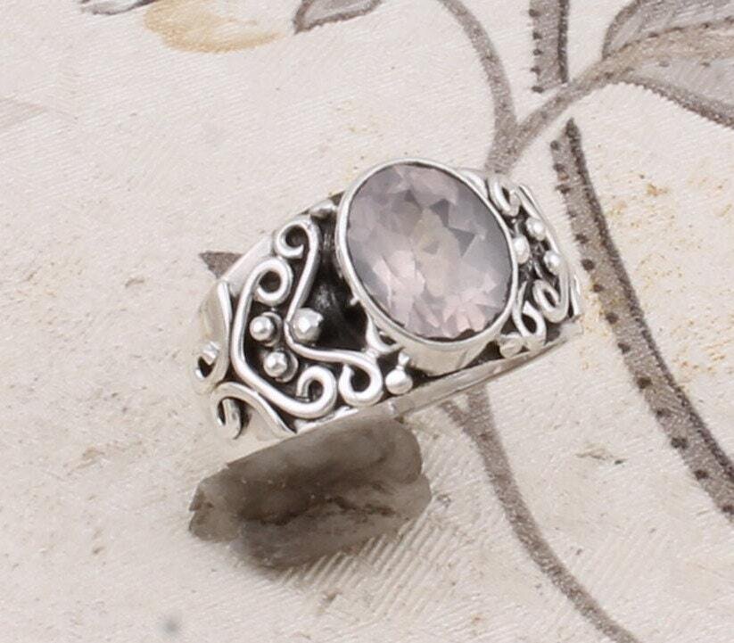 Amazing Rose Quartz Solid 925 Sterling Silver Ring For Women, Handmade Oval Cut Gemstone Engraved Silver Band Ring For Wedding Anniversary Gift Idea