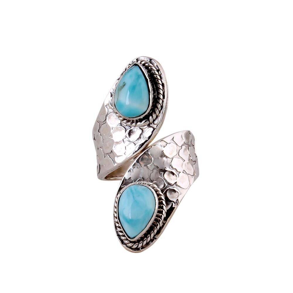 925 Sterling Silver Natural Larimar Pear Gemstone Adjustable Ring, Designer Handmade Hammered Two Stone Silver Ring, Valentine's Day Jewelry