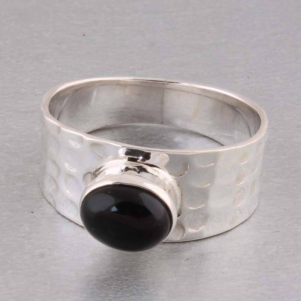 925 Sterling Silver Black Onyx Gemstone Hammered Ring, Oval Shape Band Handmade Jewelry Ring, Christmas Gifts For HerBirthstone