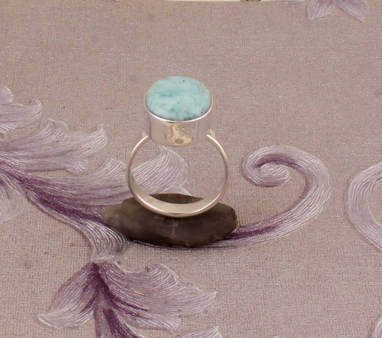 Natural Larimar Top Quality Gemstone Ring Oval Cabochon Stone Ring 925-Antique Silver Ring Middle Finger Beautiful Ring Gift For Her