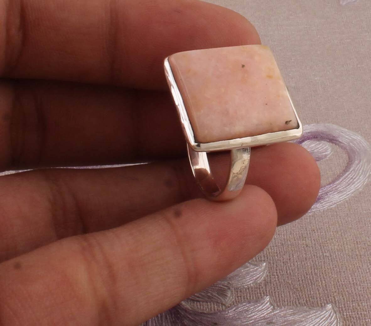 Pink Opal Gemstone Silver Ring, 925 Sterling Silver Square  Stone Ring, Handmade Gemstone Ring, Boho Ring, Women Jewelry, Anniversary Gift