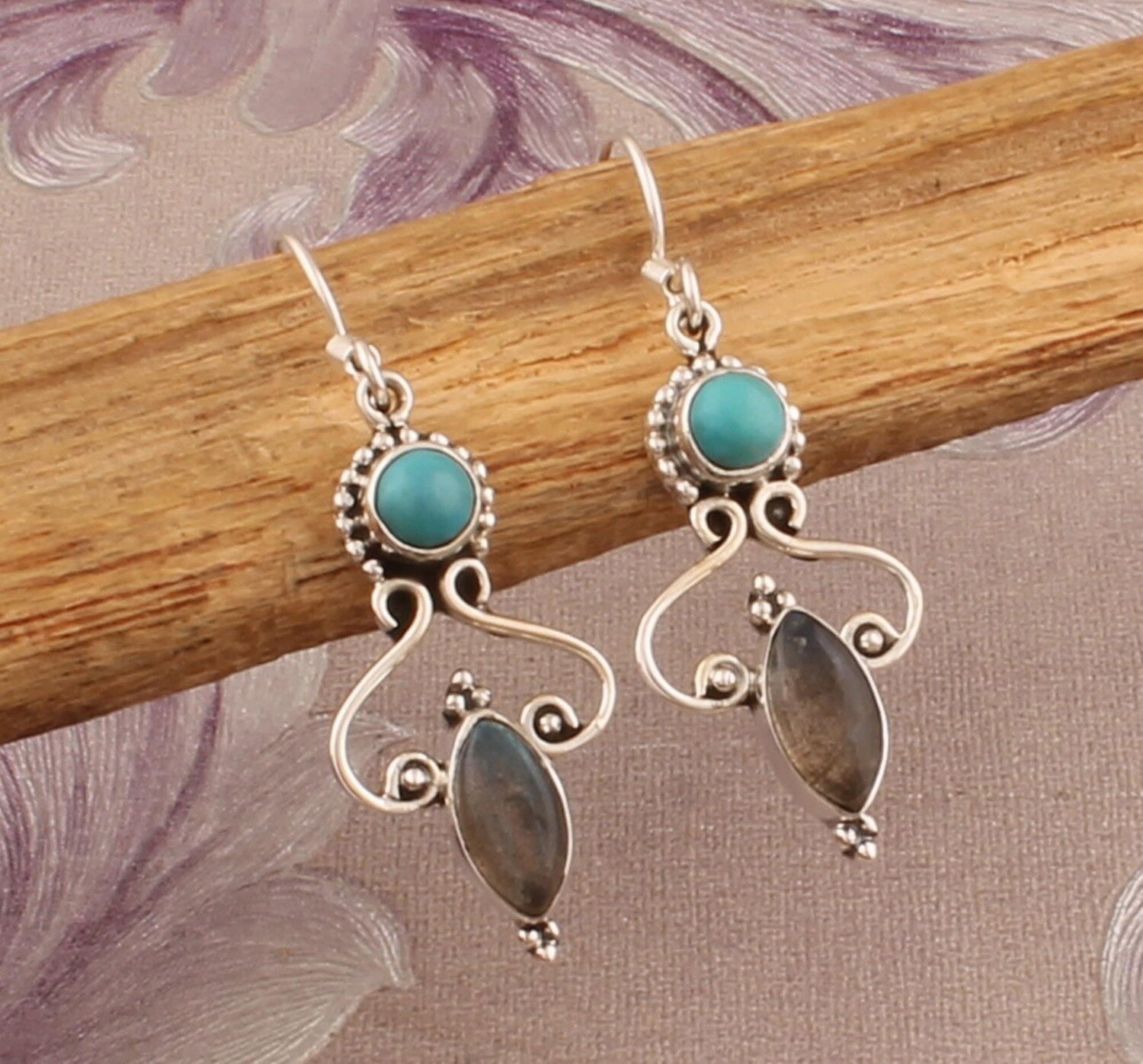 925 Sterling Silver Turquoise &amp; Labradorite Gemstone Earrings, Designer Handmade Bridal Jewelry, Valentine's Day Gift Idea, Etsy Cyber 2021