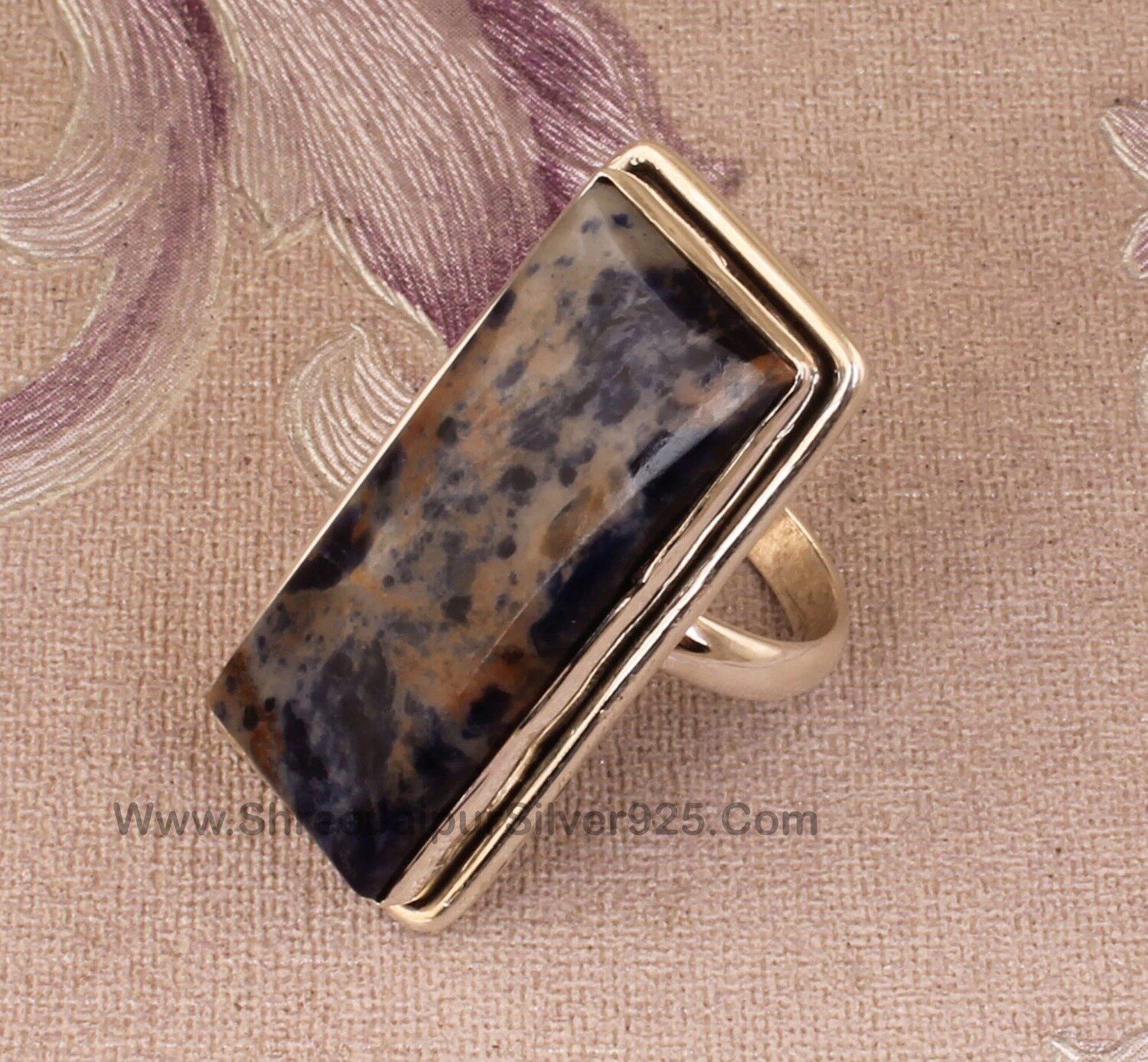 Natural Sodalite Solid 925 Sterling Silver Ring For Women, Handmade Rectangle Bar Long Stone Band Ring For Wedding Anniversary Gift For Her