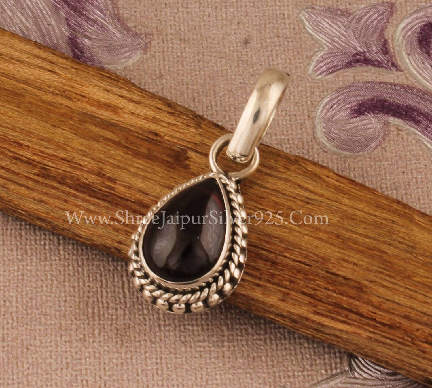 Natural Red Garnet Solid 925 Sterling Silver Necklace Pendant For Women Handmade Engraved Pear Silver Pendant For Wedding Anniversary Gift