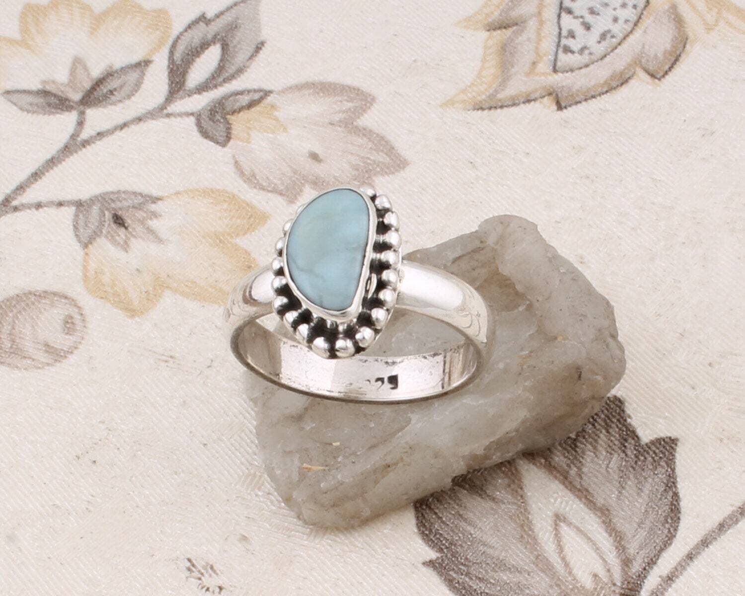 Handcrafted Ring With Natural Larimar Gemstone Ring Cabochon Stone Boho Ring Solid 925- Sterling Silver Ring,Girls Middle Finger Ring