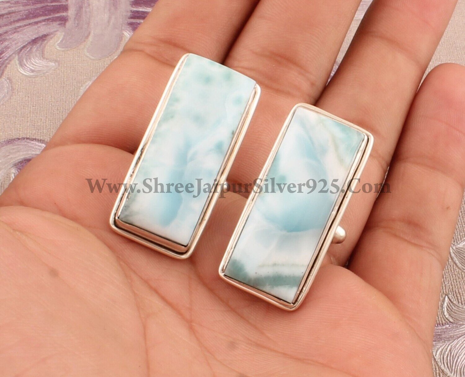 Natural Larimar Silver Cufflink, Men's jewelry 925 Sterling Silver Cufflink, Bar Gemstone Cufflink, Rectangle Handmade Cufflink Gift For Him