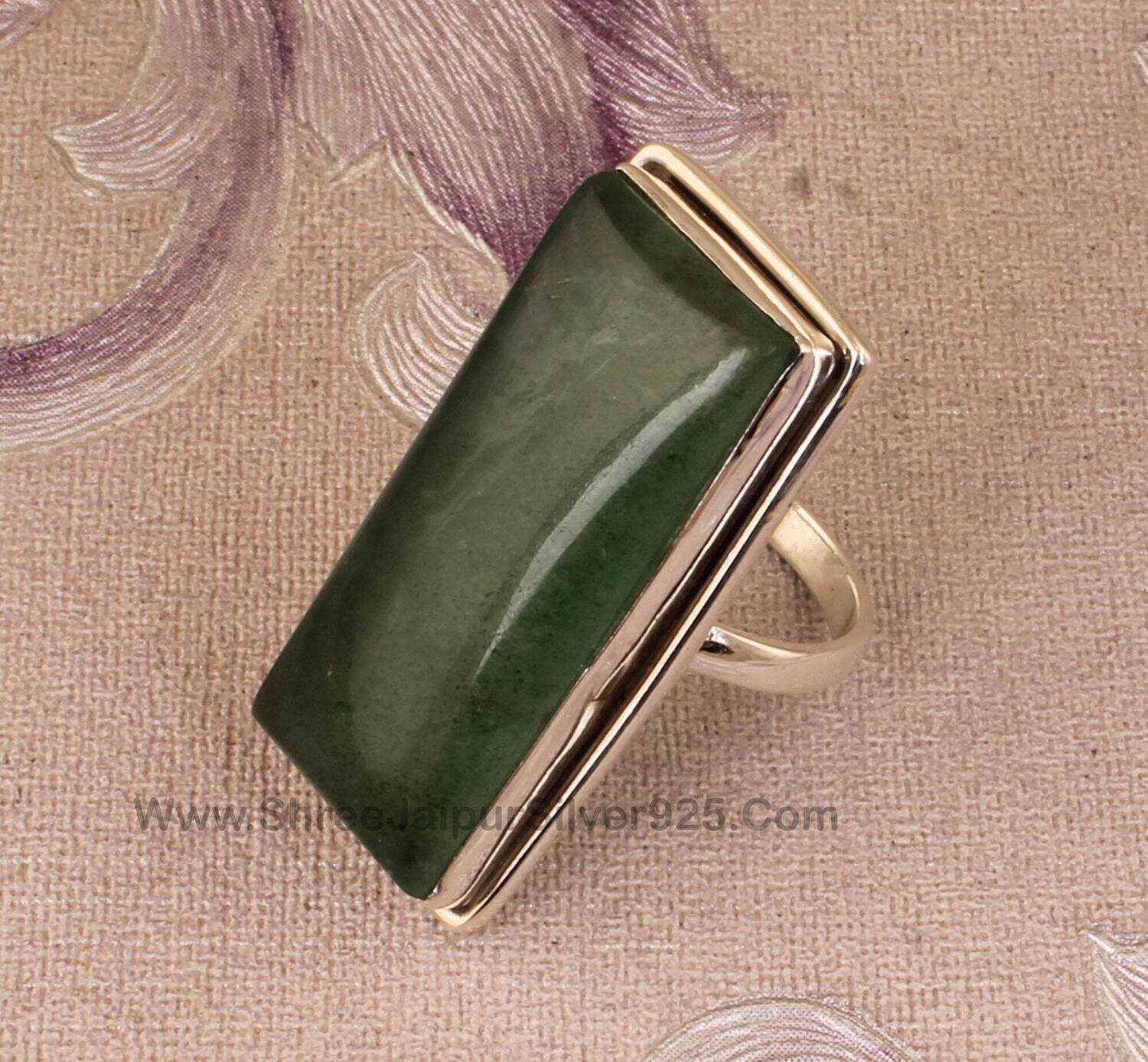 Green Cherry Quartz Solid 925 Sterling Silver Ring For Women, Handmade Rectangle Bar Stone Band Ring For Wedding Anniversary Gift For Her