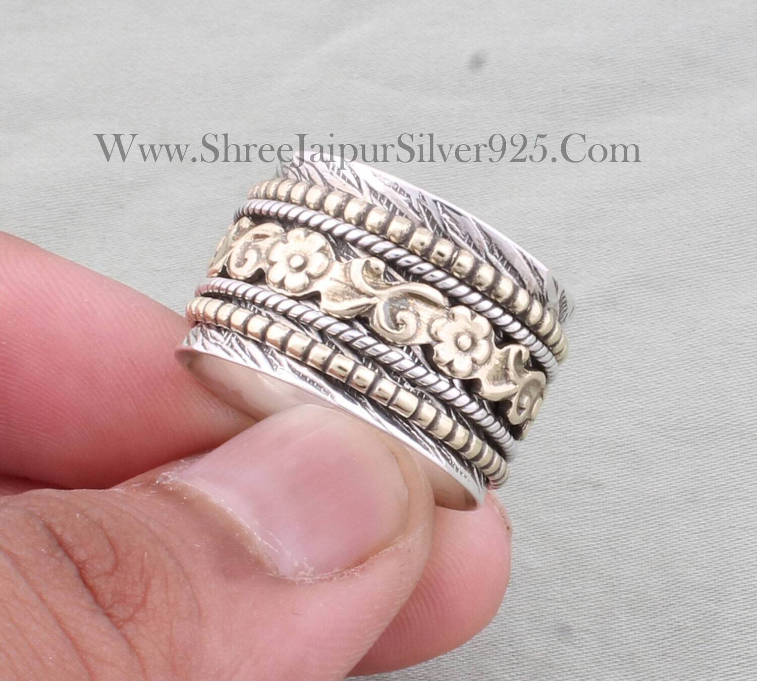 Engraved 925 Sterling Silver Designer Twisted Spinner Ring For Women, Handmade Two Tone Flower Band Ring For Her, Silver Fidget Anxiety Ring