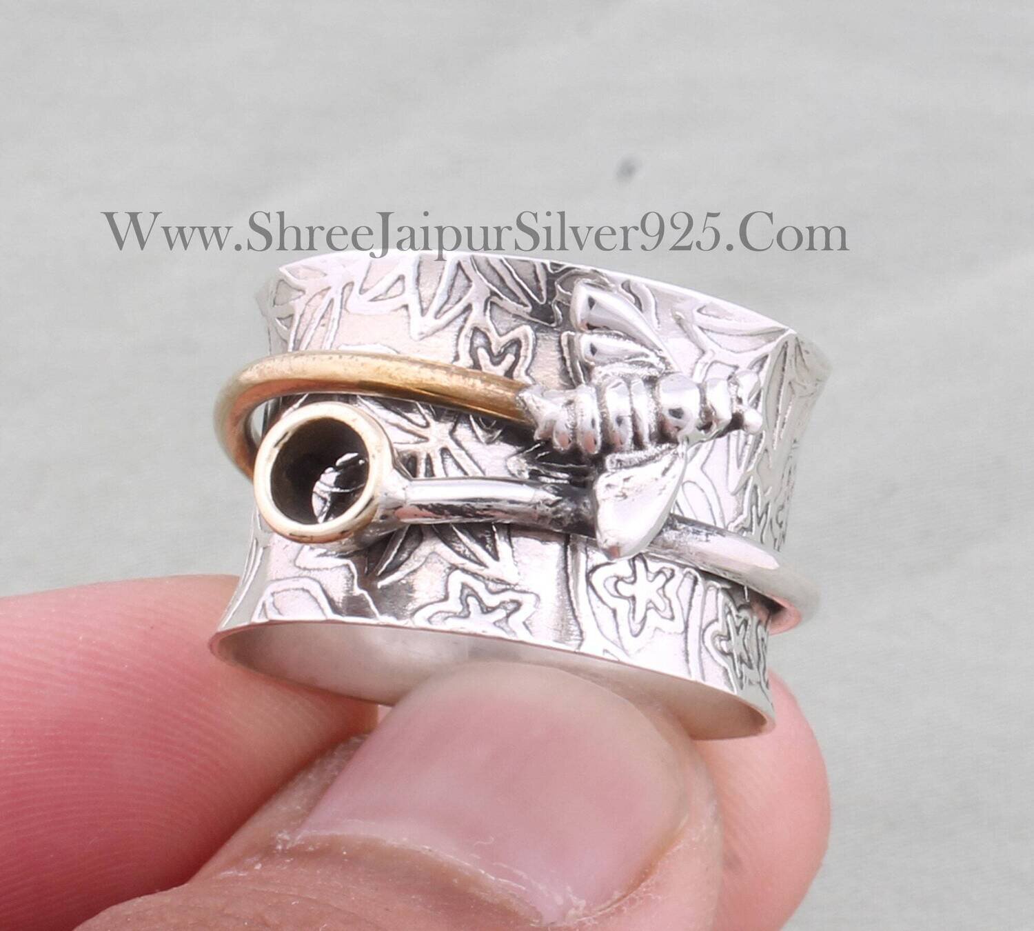 Honey Bee 925 Sterling Silver Designer Spinner Ring For Women, Handmade Two Tone Meditation Band Ring For Her, Silver Fidget Anxiety Ring