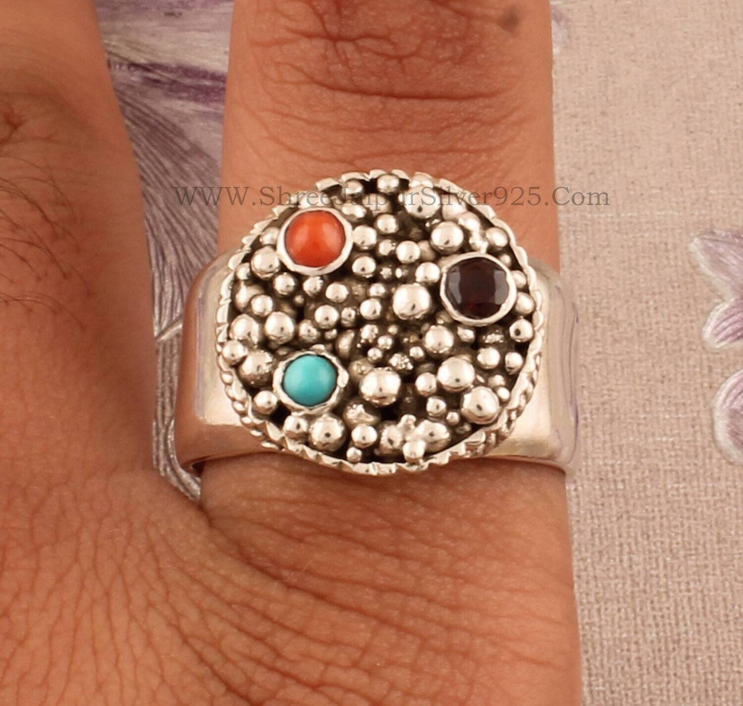 Natural Garnet, Turquoise &amp; Coral Solid 925 Sterling Silver Ring For Women, Handmade Three Stone Band Ring For Wedding Anniversary Gift Idea