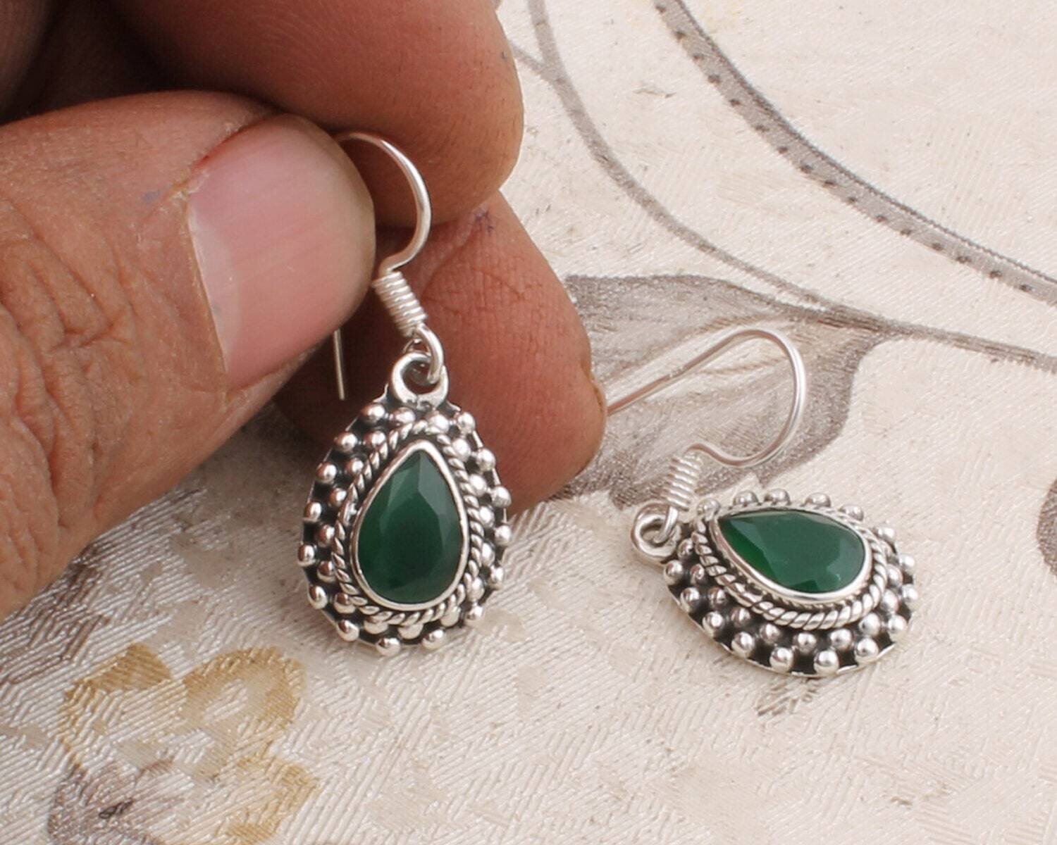 Natural Green Onyx AAA+Quality Gemstone Earring Cabochon Stone Boho Earring 925-Sterling Solid Silver Earring HandmadeCyber2021Birthstone