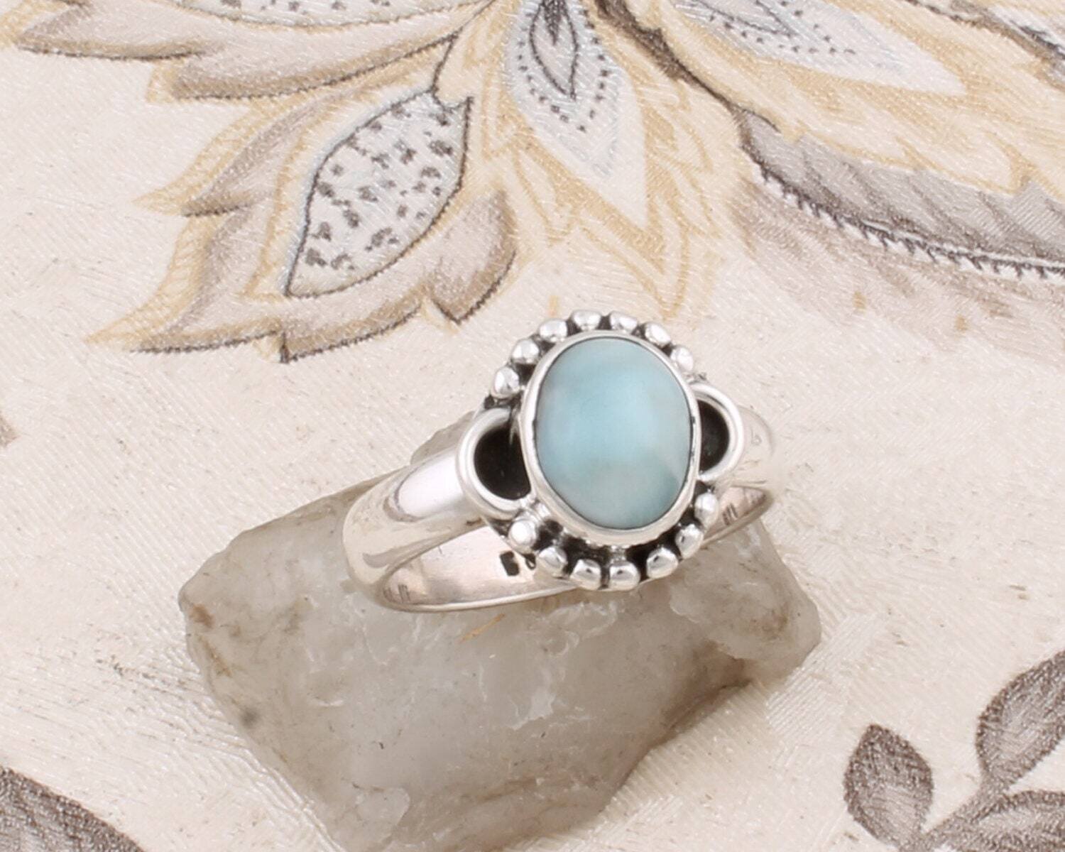 Natural Larimar Gemstone Ring Cabochon Stone Boho Ring Solid 925- Sterling Silver Ring,Girls Middle Finger RingCyber2021Bestseller2021Etsy