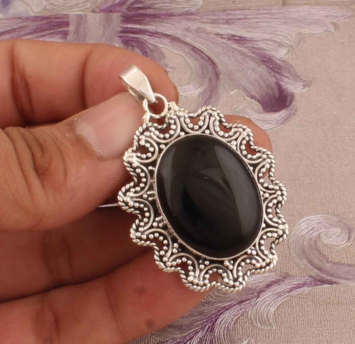 Black Onyx Silver Pendant, 925 Sterling Silver Pendant, Oval Gemstone Pendant, Designer Onyx Pendant, Handmade Pendant, Christmas Gift Idea