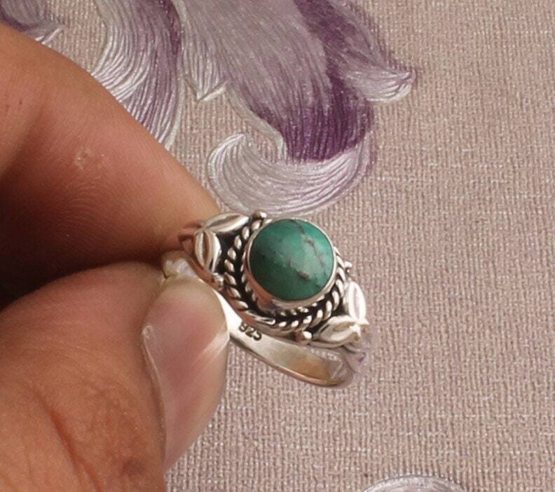 Green Turquoise Silver Ring, 925 Sterling Silver Round Shape Gemstone Ring, Designer Leaves Ring, Handmade Ring, Engagement Ring, Gift Idea