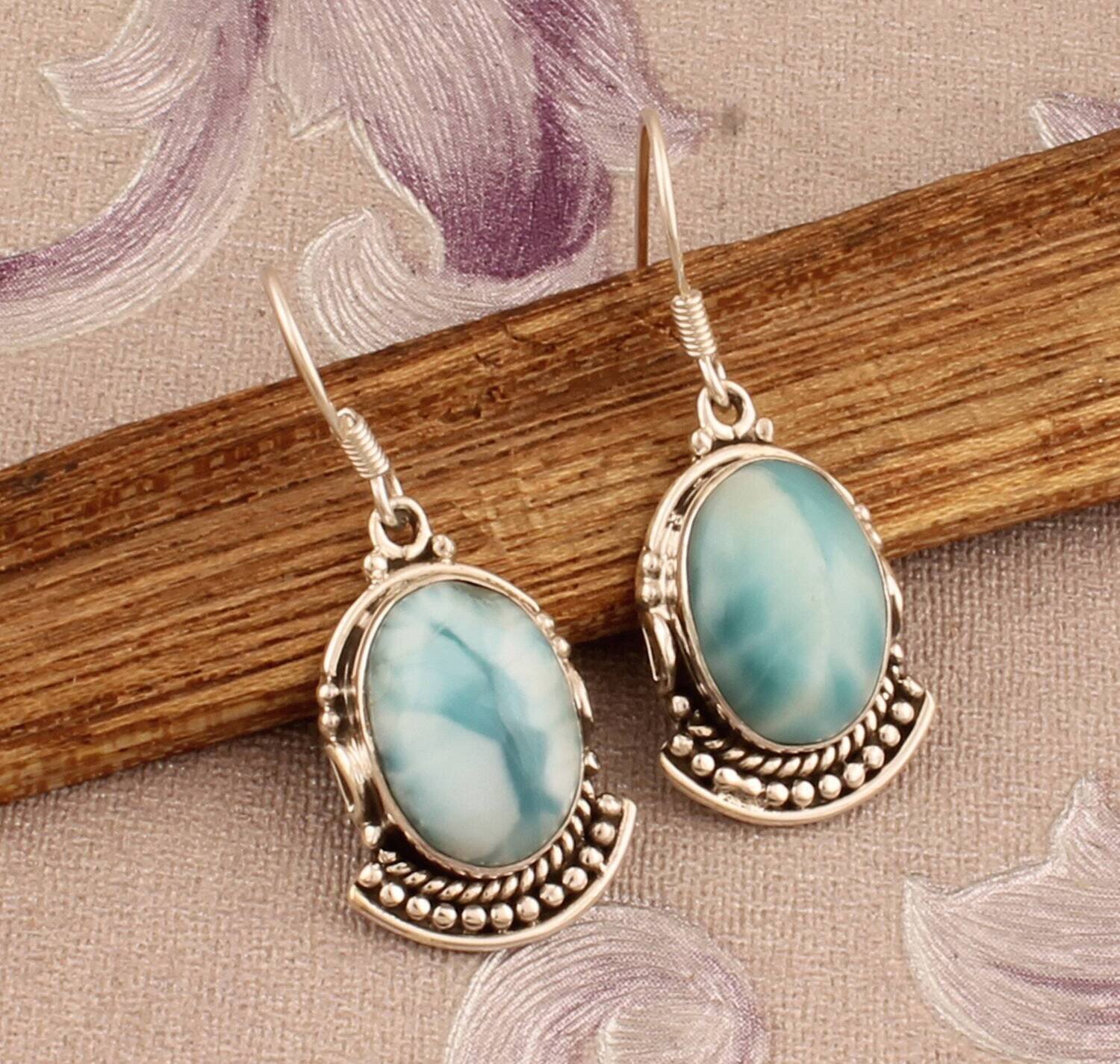 Natural Larimar Oval Stone Solid 925 Sterling Silver Earrings For Women, Handmade Oval Silver Earrings For Wedding Anniversary Gift For Her