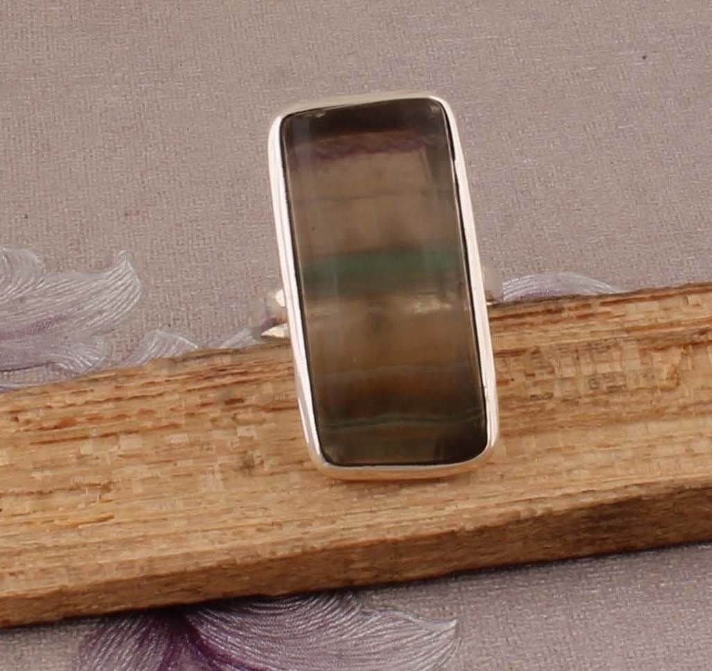 Amazing Fluorite Top Quality Gemstone Ring Baguette Cabochon Stone Ring 925-Antique Silver Ring Middle Finger Beautiful Ring Gift For Her