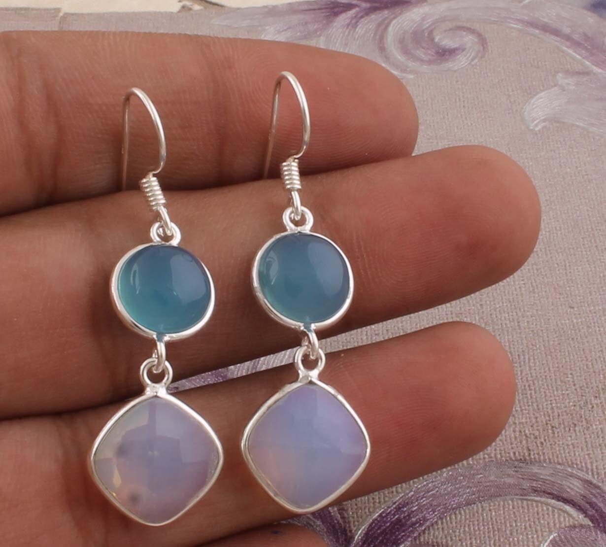 Combo Gemstone Earring Aqua Calci+Moonstone Gemstone Earring 925-Sterling Silver Earring Big Size Two Stone Earring Gift For Her Earring