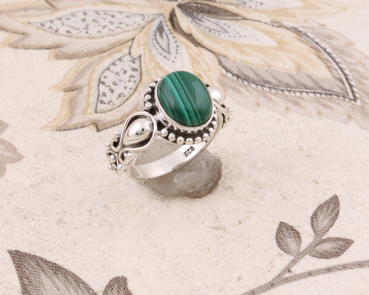 Handcrafted Ring With Natural Malachite Gemstone Ring Cabochon,Top Rare Stone Boho Ring 925-Sterling Solid Silver Ring Finger Ring L# 282918