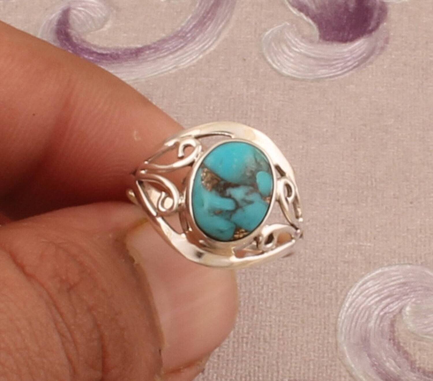 925 Sterling Silver Copper Turquoise Oval Gemstone Ring, Designer Handmade Gemstone Silver Ring, Engagement Ring, Women Jewelry, Gift Idea