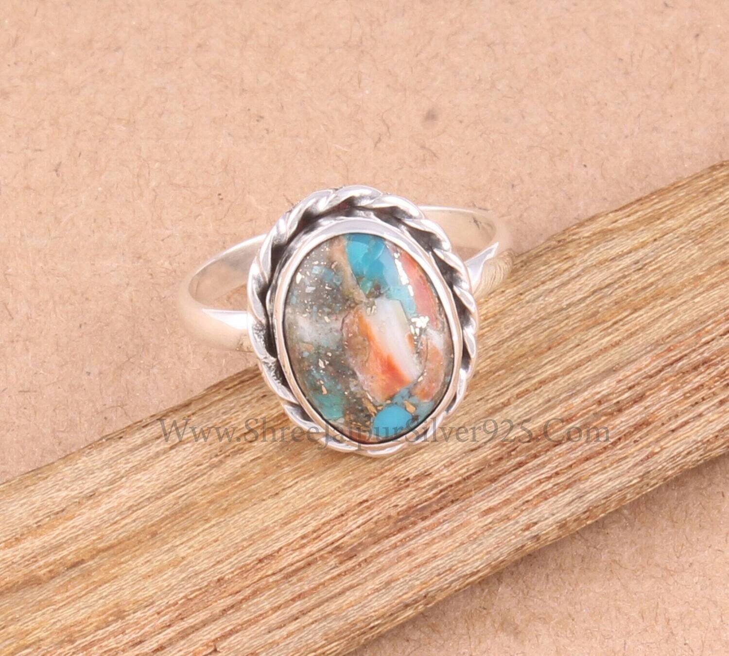 Rope Design Mix Oyster Oval Shape Gemstone Ring For Her, Oyster Copper Turquoise Solid 925 Sterling Gemstone Silver Ring For Women Jewelry