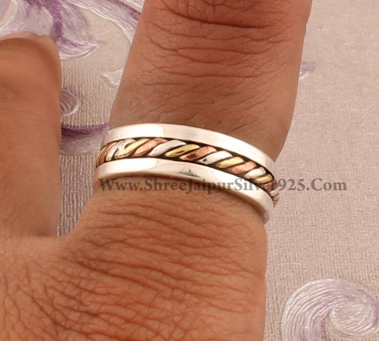 925 Sterling Silver &amp; Brass Designer Braided Spinner Ring, Handmade Three Tone Meditation Ring, Worry Ring, Valentines Day Gift Idea Jewelry