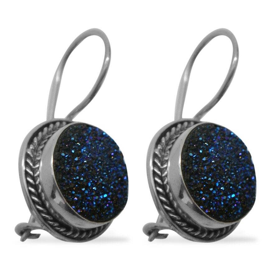 Solar Quartz Druzy Agate Gemstone Handcrafted Earring Round Carving Stone Boho Simple Earring,Sterling Solid Silver Earring L#-284276-E