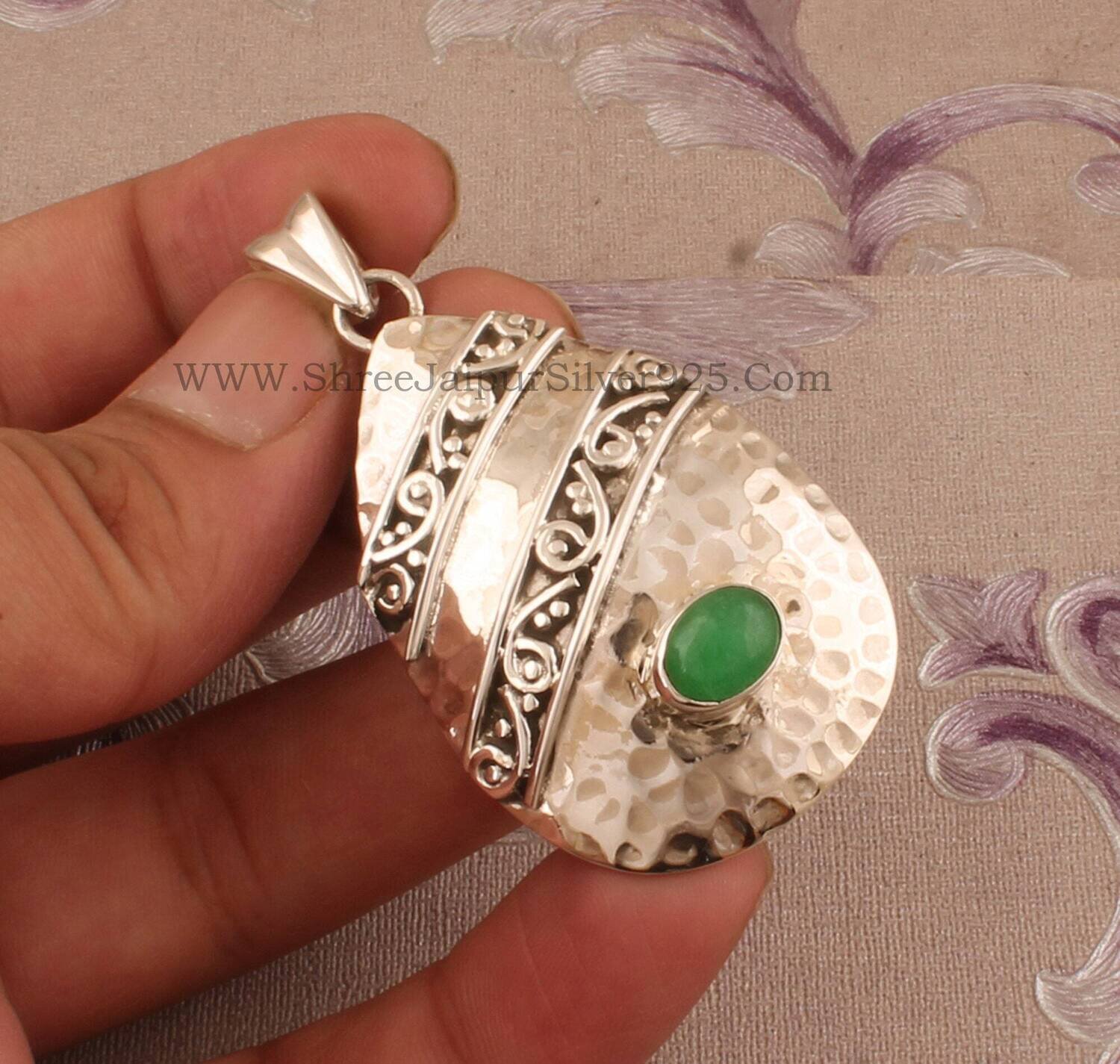 Simple Pear Shape pendant Solid 925-Sterling Silver Pendant With Natural Green Jade Gemstone Pendant,Small Size Stone pendant Handcrafted