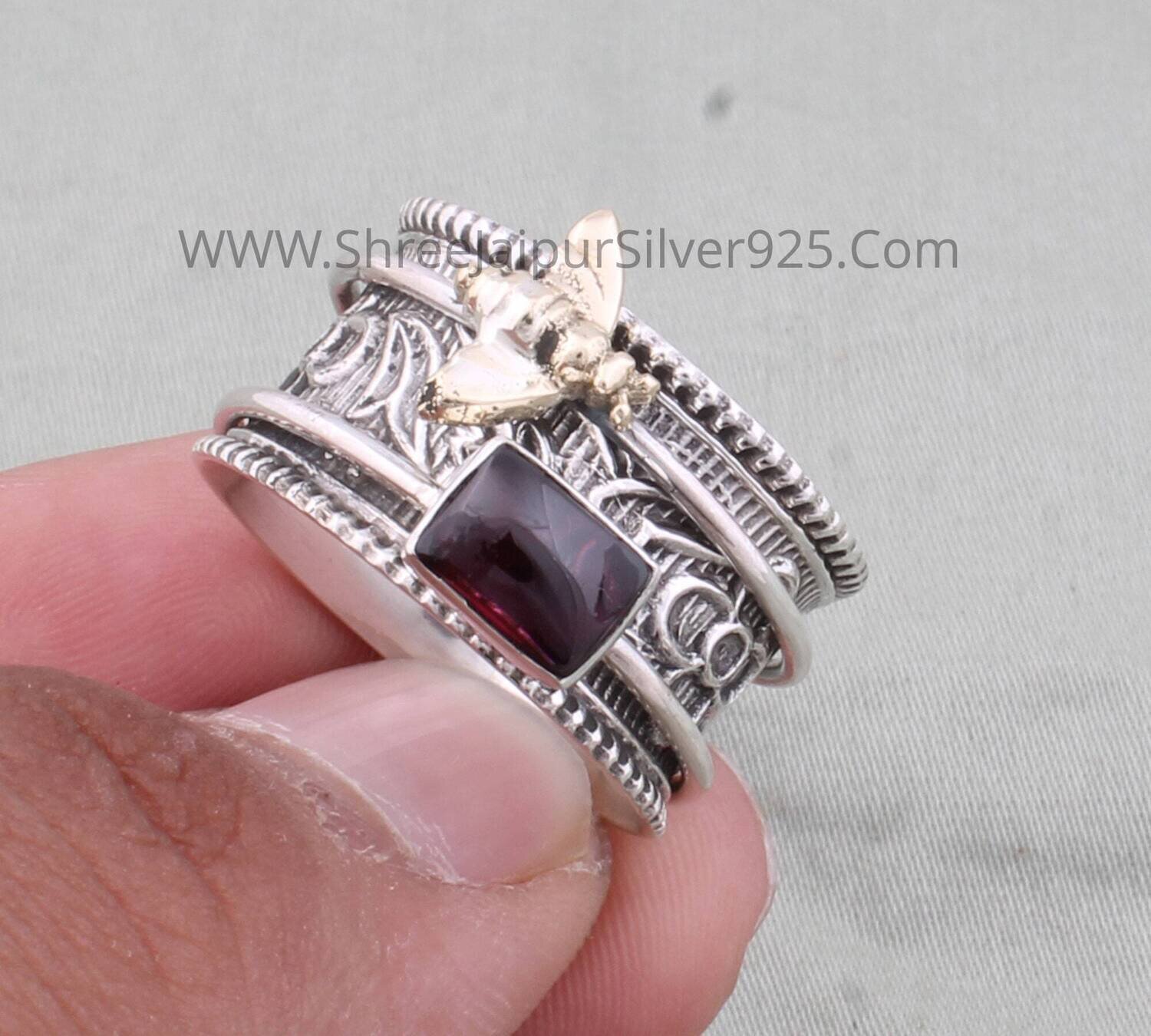 Natural Red Garnet Ring 925 Sterling Silver &amp; Brass Spinner Ring, Honey Bee Engraved Wide Band Fidget Anxiety Ring Gifts For Her Anniversary