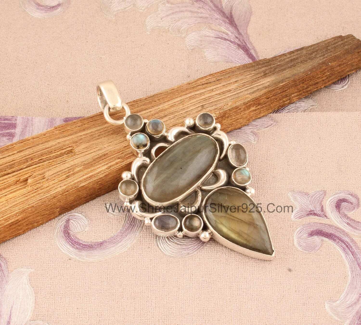 Natural Labradorite Solid 925 Sterling Silver Necklace Pendant For Women, Handmade Multi Stones Pendant For Wedding Anniversary Gift For Her