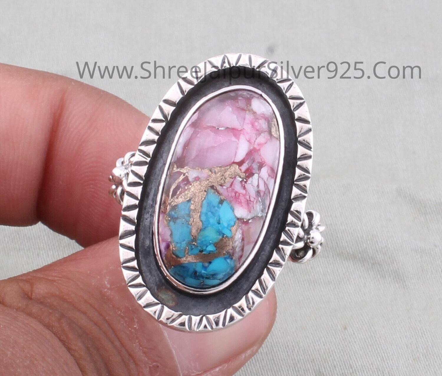 Mix Spiny Copper Turquoise Solid 925 Sterling Silver Gemstone Ring For Women, Handmade Oxidized Oval Stone Ring For Wedding Anniversary Gift