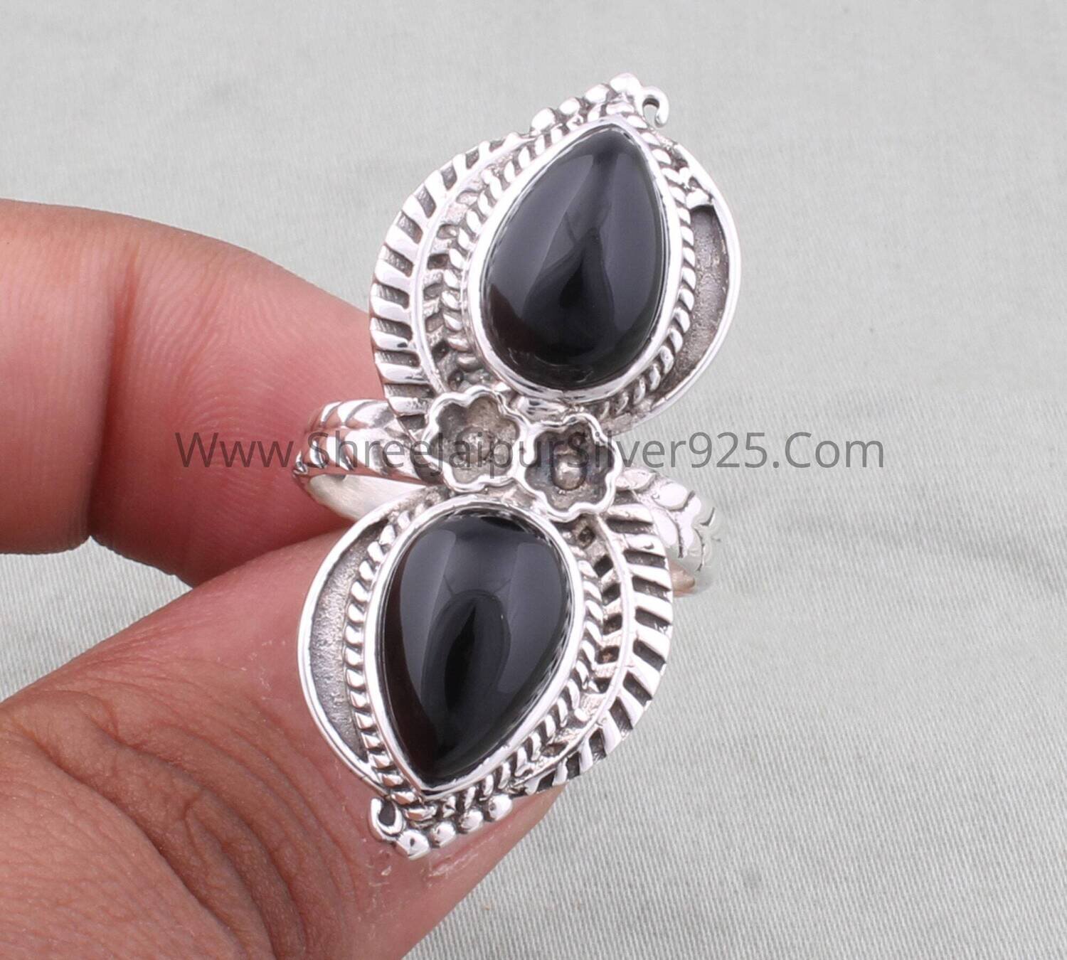 Carved Band Silver Ring 925 Sterling Silver Black Onyx Two Pear Gemstone Ring, Designer Leaves Gemstone Silver Ring Silver Women Jewelry