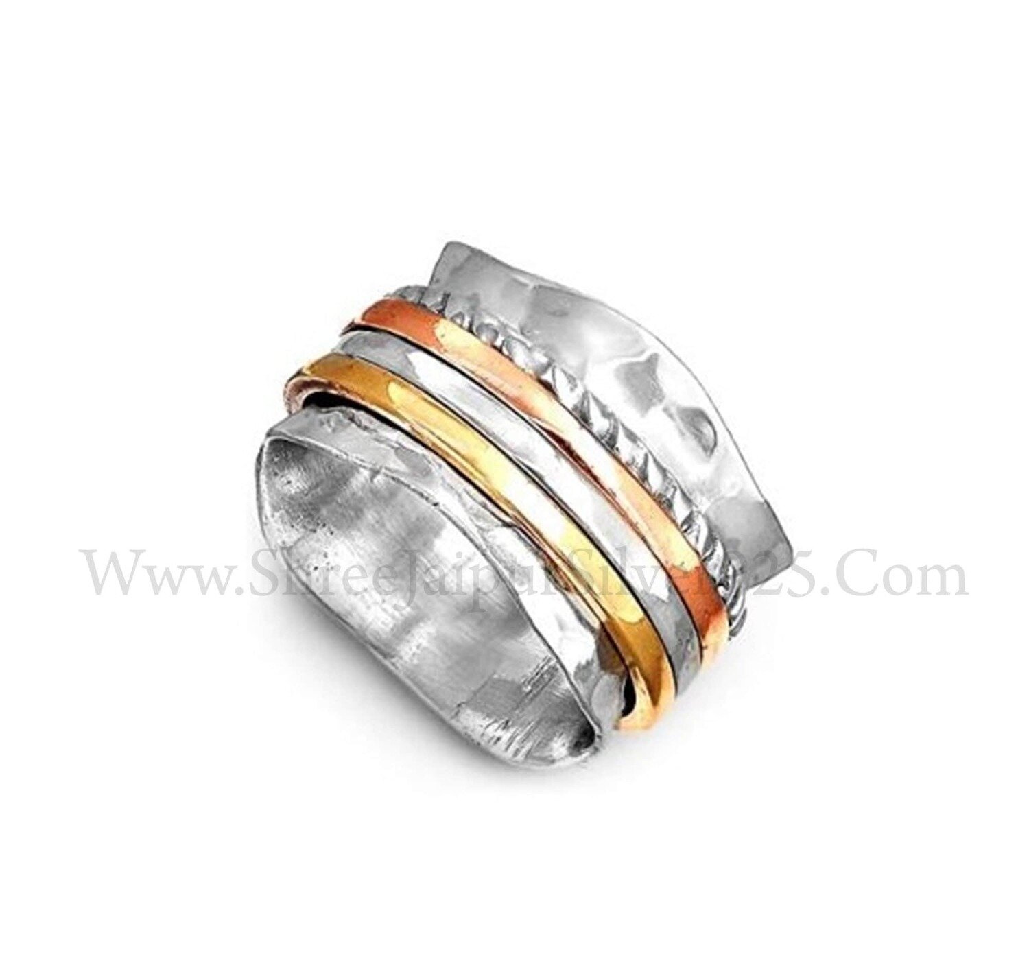 Hammered 925 Sterling Silver Designer Spinner Ring For Women, Handmade Three Tone Wave Textured Ring For Her, Silver Six Rings Anxiety Ring