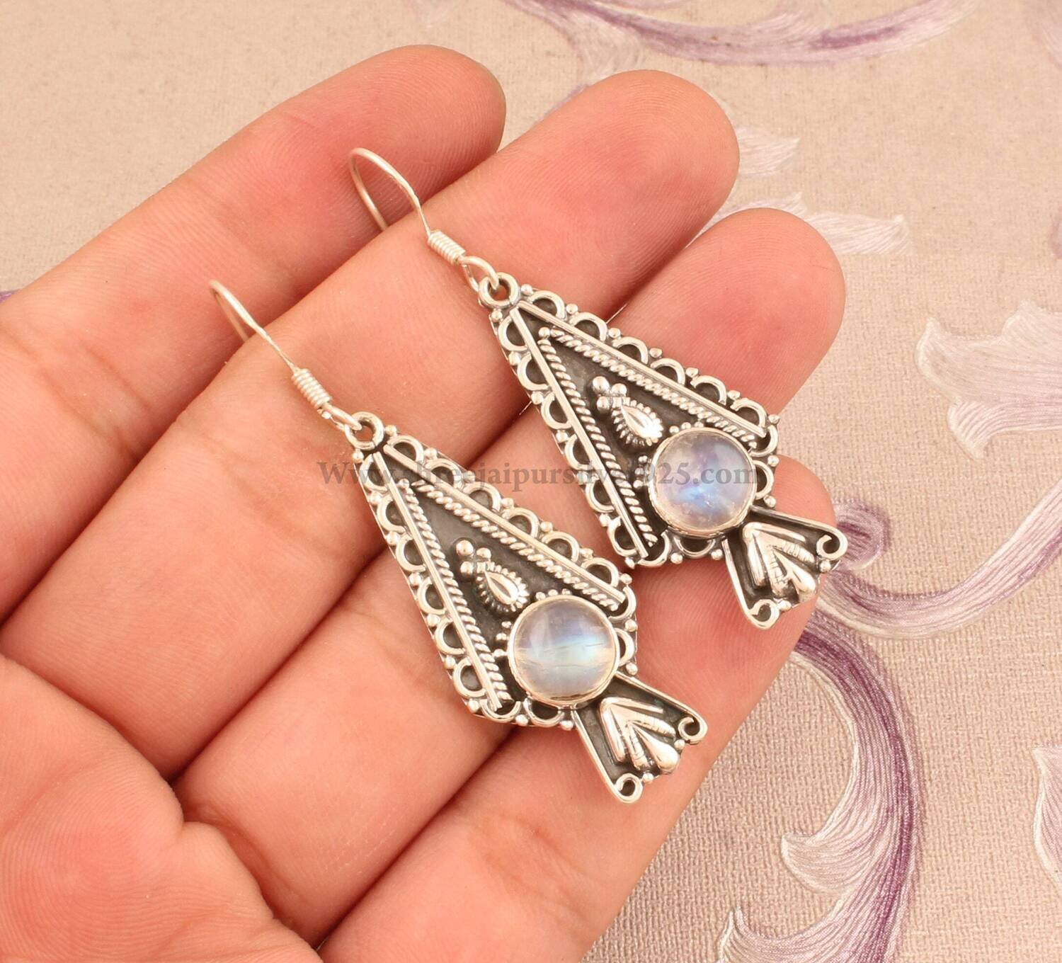 Natural Rainbow Moonstone Solid 925 Sterling Silver Earrings For Women Handmade Round Stone IndianEarrings For Wedding Anniversary Gift Idea