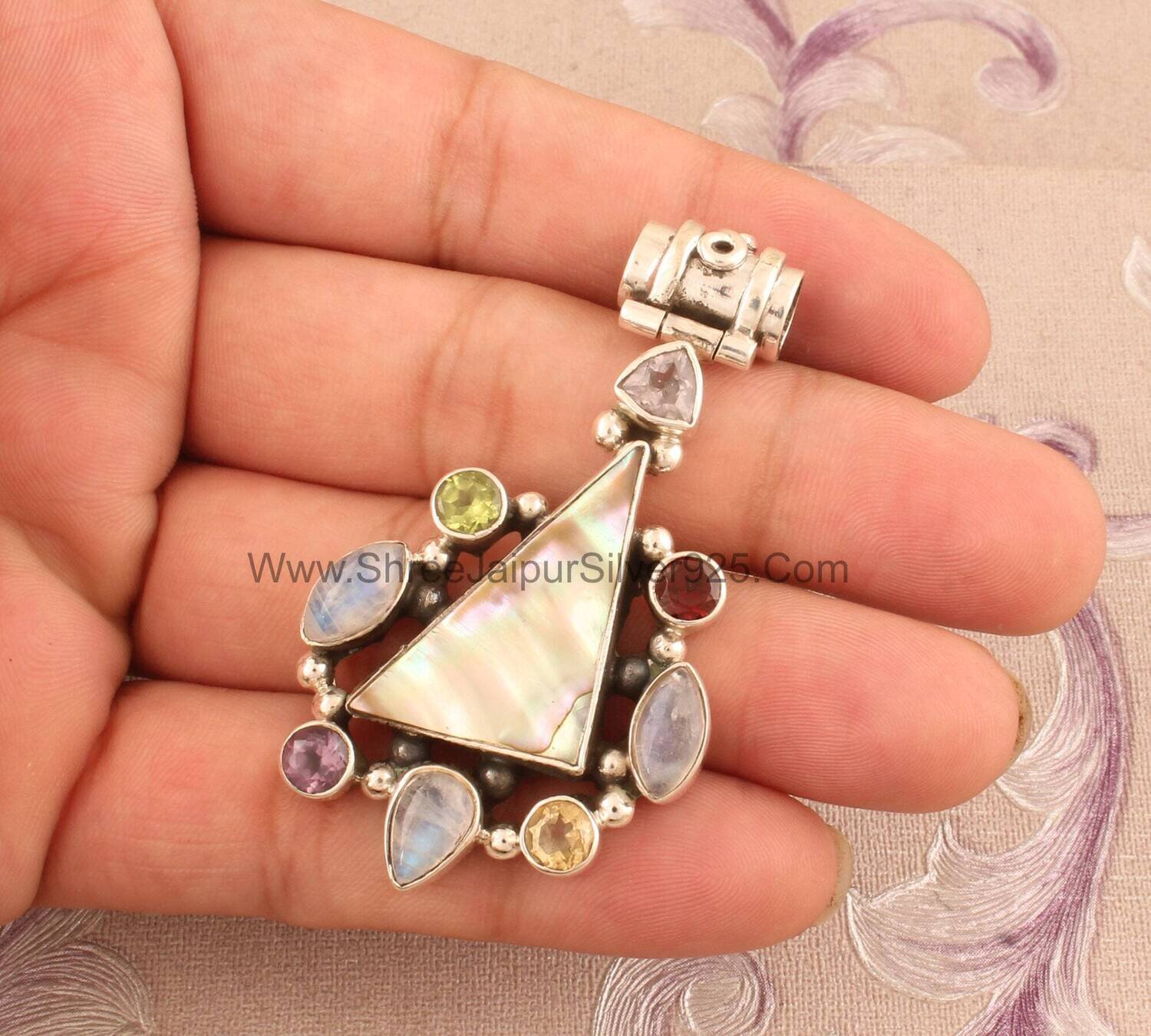 Natural Mother Of Pearl &amp; Amethyst, Garnet, Moonstone, Peridot Citrine Solid 925 Sterling Silver Necklace Pendant For Women Anniversary Gift