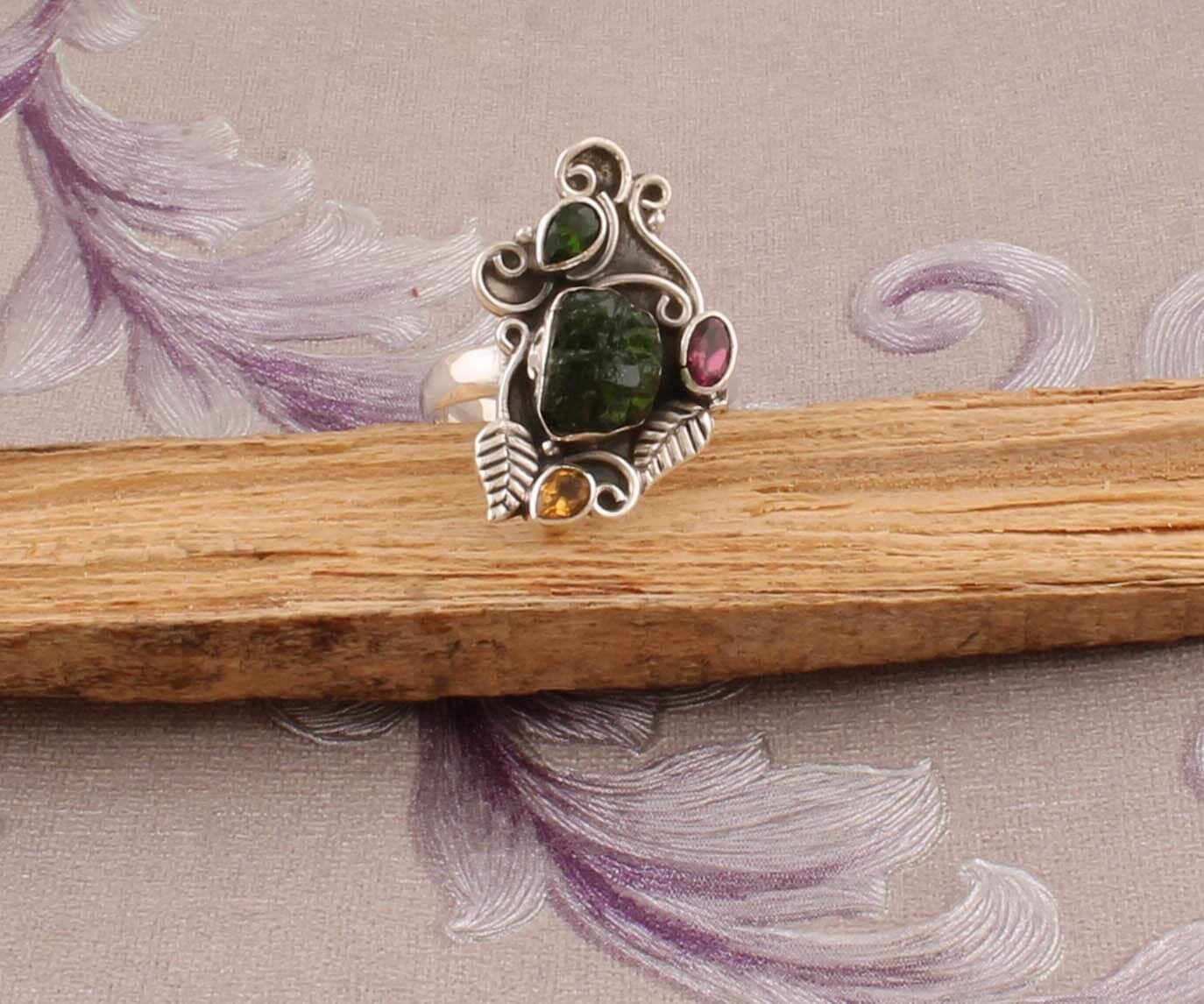 Raw+Gemstone Ring Beautiful Amethyst+Citrine+Peridot Gemstone+Emerald Raw Ring 925-Antique Silver Ring,Combo Ring,One-Of-Kind RingCyber2021